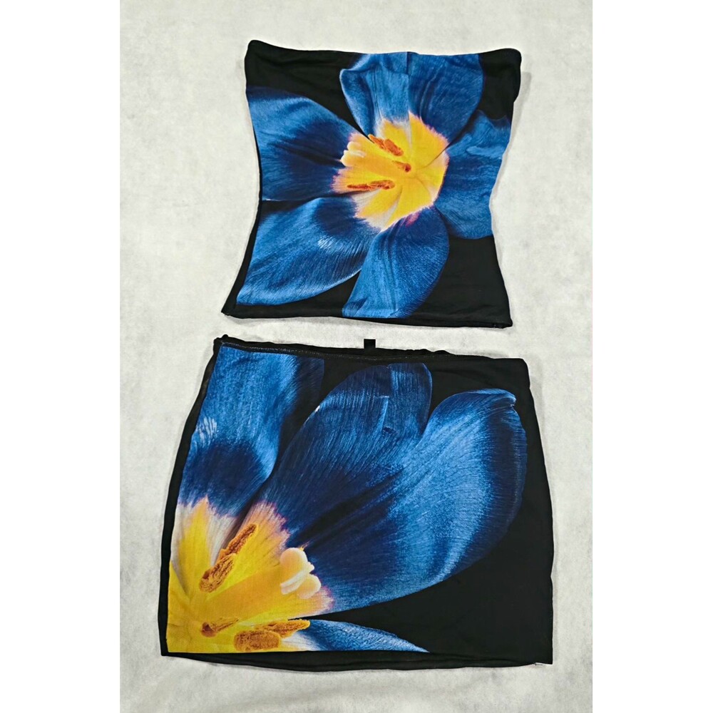 Windsor Bloom With A View 2 Piece Skirt Set Blue Floral Mesh Tube Top Mini Skirt